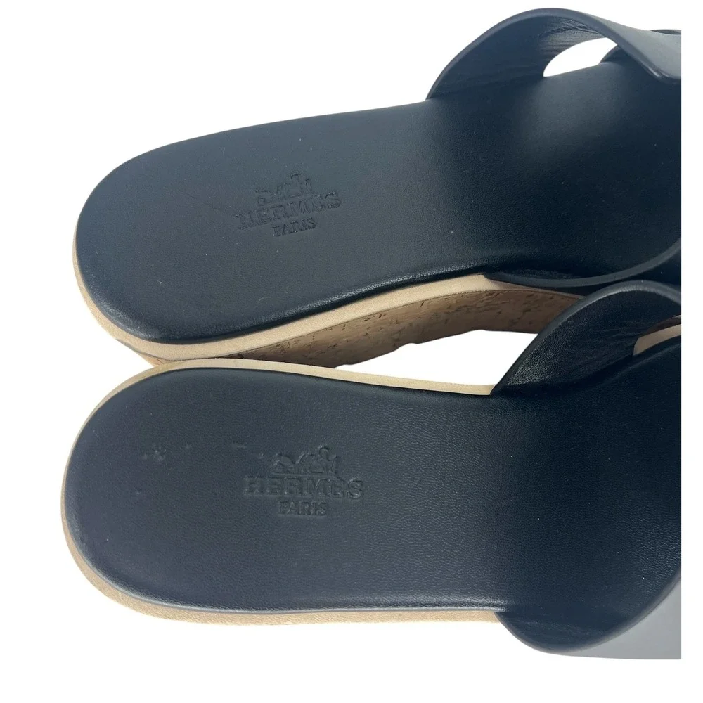 Hermès Eze 30 Cork Platform H Slide Sandals Black Leather Size 40